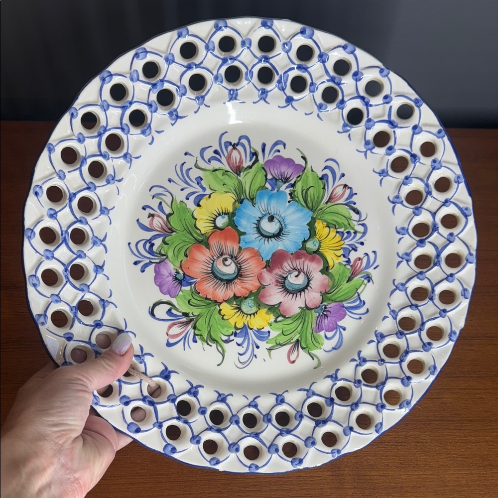 Floral Decorative Plate hand painted in Portugal with Blue Accents